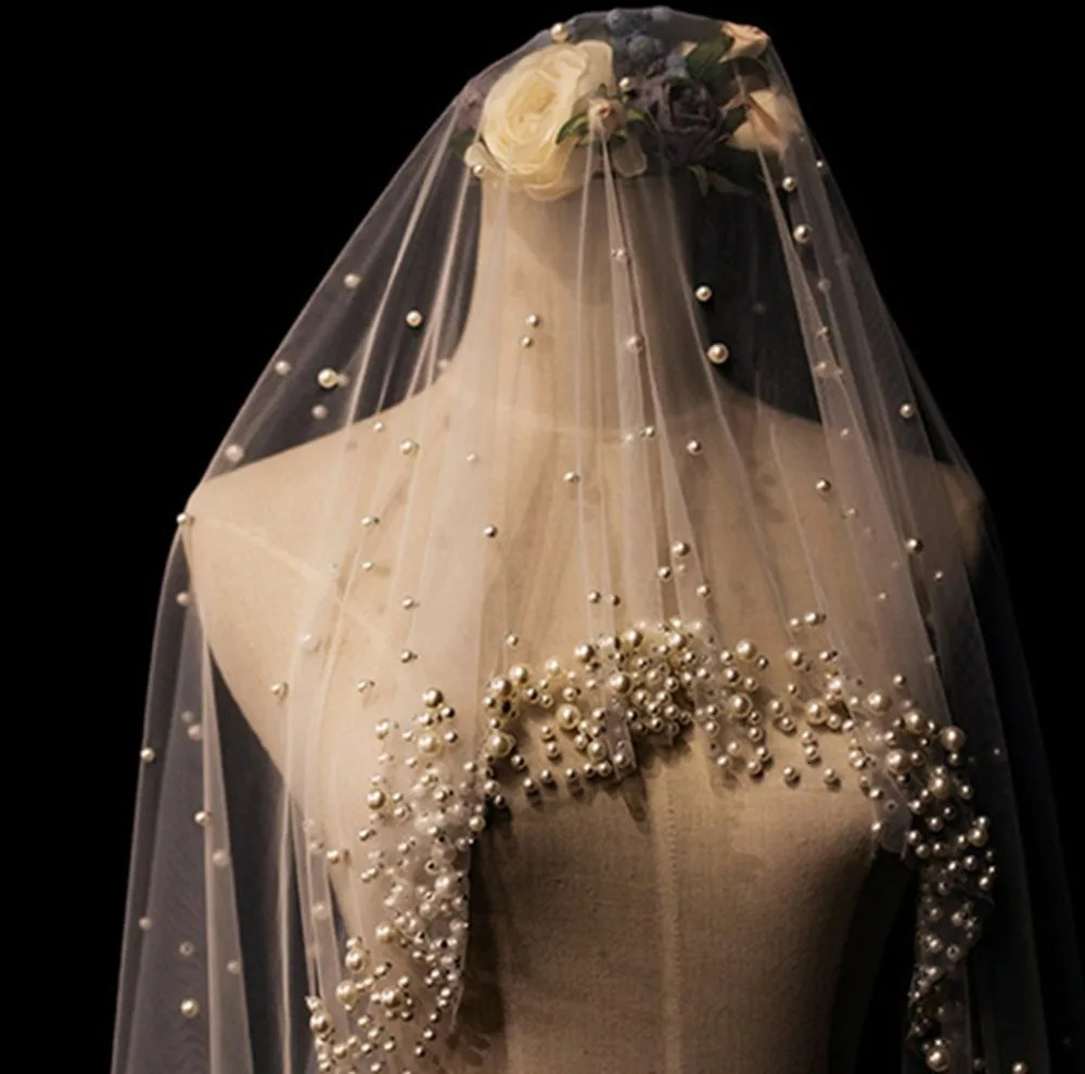 Pearls Wedding Veil 1 Tier Long Bridal Cathedral Veil With Pearls Mantilla Luxurious Tulle Crystal Bride Veil Hair Accessories 250117