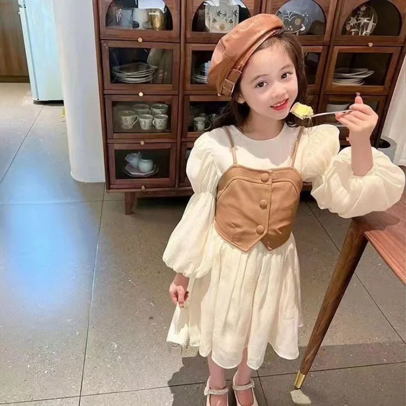 Spring Autumn Baby Suits Girl Vest Long Sleeve Dresses 2piece Kids Cute Princess Dress Children Chiffon Vestido 2 to10T 250120