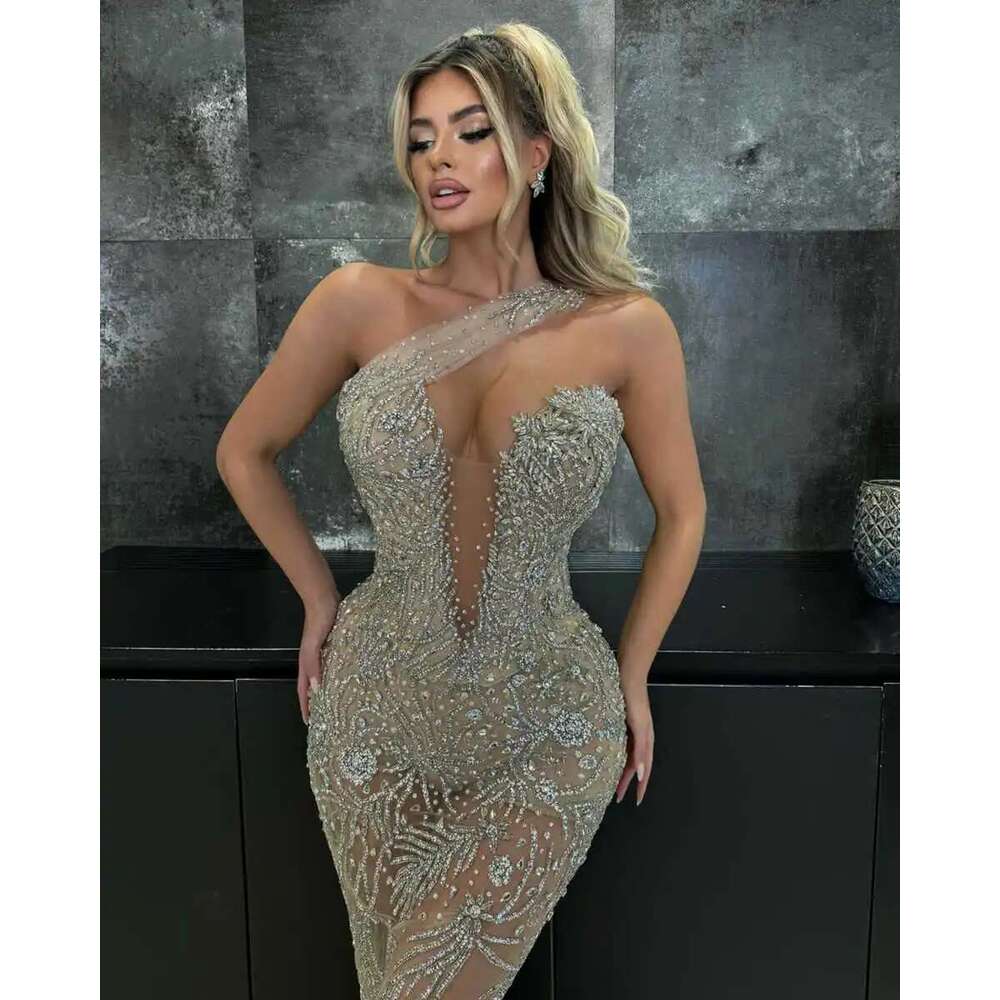 Mermaid Evening Dresses Strapless Beads Strass Sleeveless Train Scan Prom Party Dress Made To Order 6660311