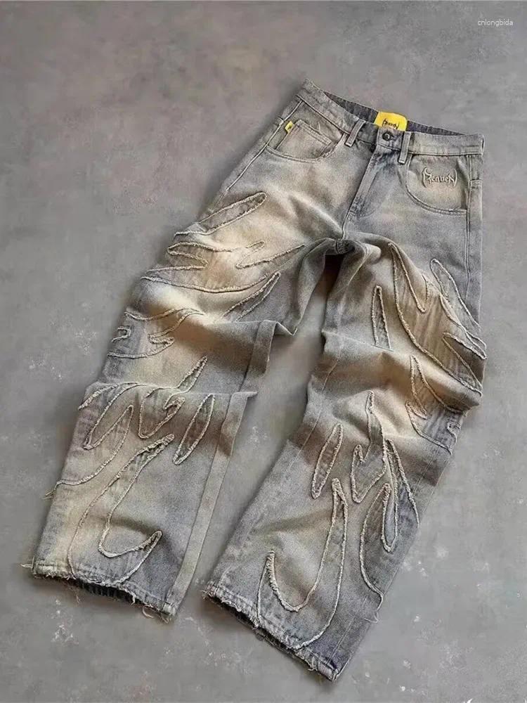 Baggy Men's 3D Embroidery Stacked Jeans, Y2K Streetwear Goth Mens Pants, Haruku Vintage Denim Trousers for Men and Women
