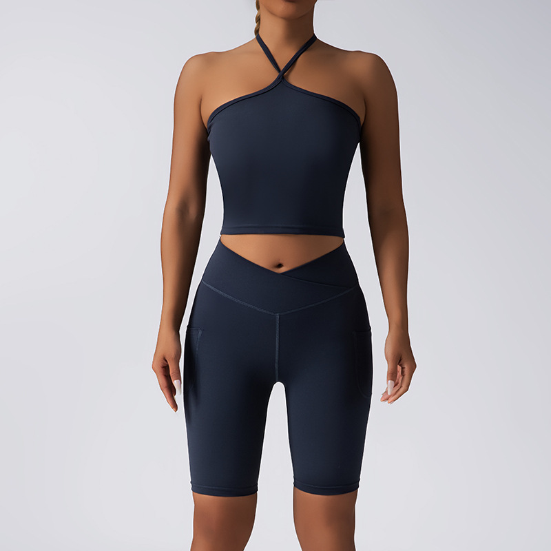 High quality women's casual versatile camisole seamless yoga set bra cross waist peach hip shorts trendy fitness sportswear