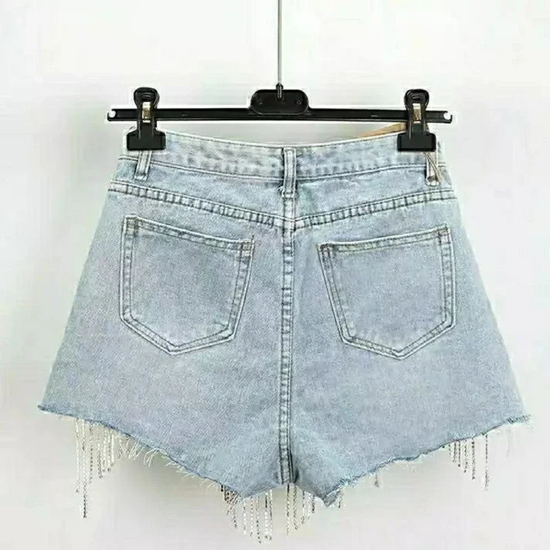 Summer Ripped Jeans Short Femme High Waist Diamond Tassel Y2k Casual Bottoms For Ladies Denim Shorts Women Clothing Fashion 250122