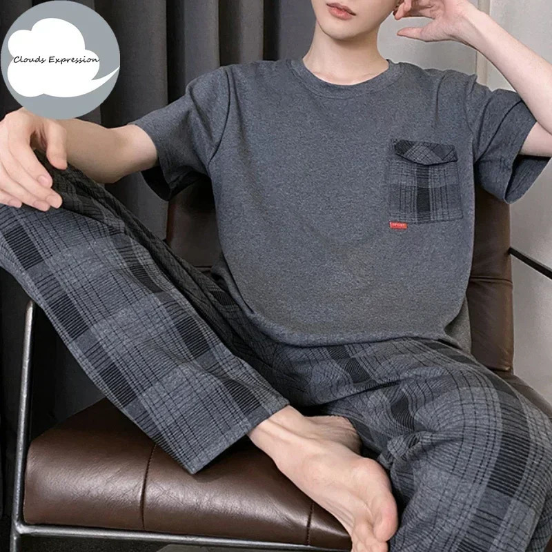 Summer Knitted Cool Mens Pyjamas Pajamas Casual Short-Sleeved Long Pants Pjs Sets Mens Sleepwear Nightwear Pijamas 4XL Homewea 250108
