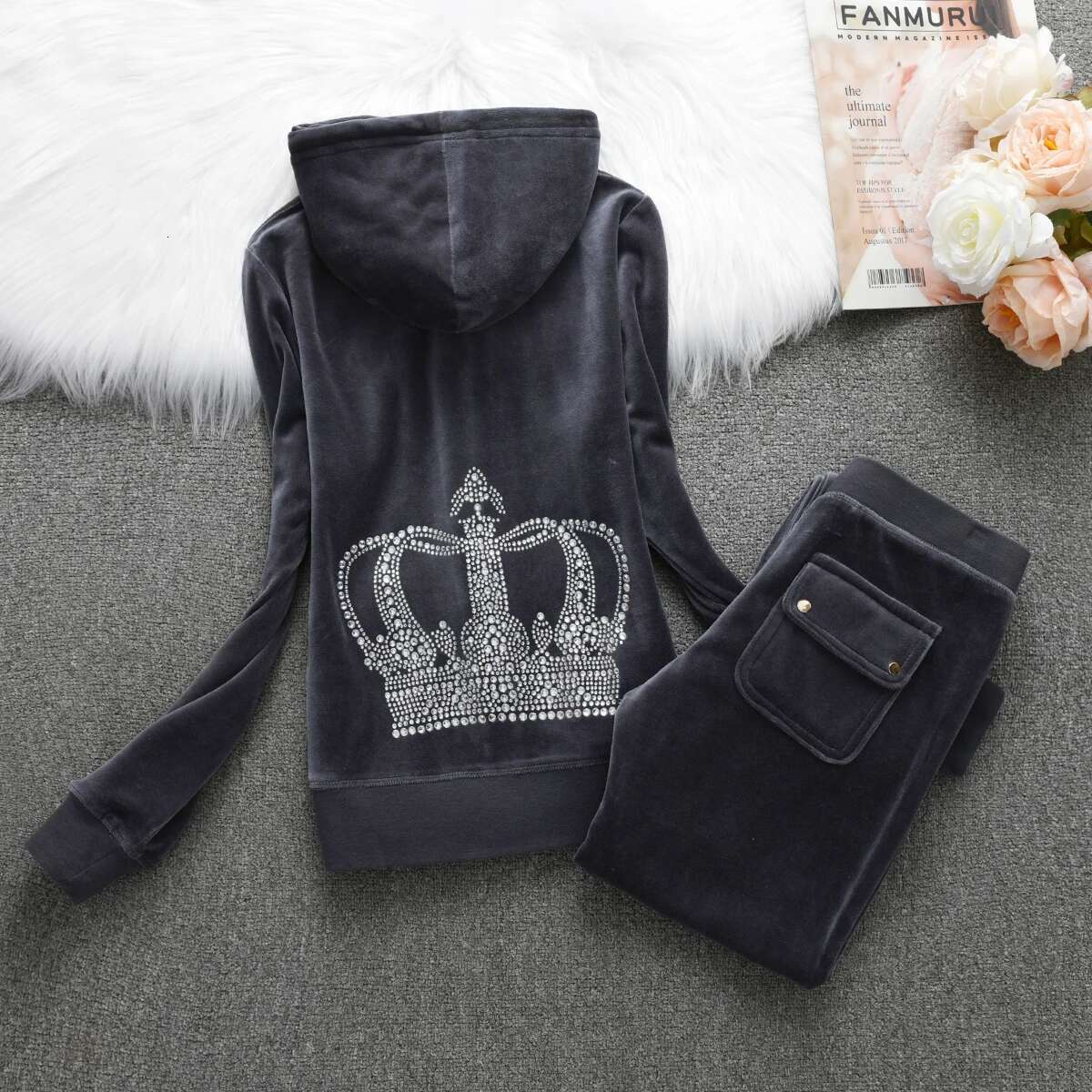 Y2k Veet Tracksuit 2025 Winter Trousers Set Women Solid Color Crown Crystal 3D Trim Hoodiecasual