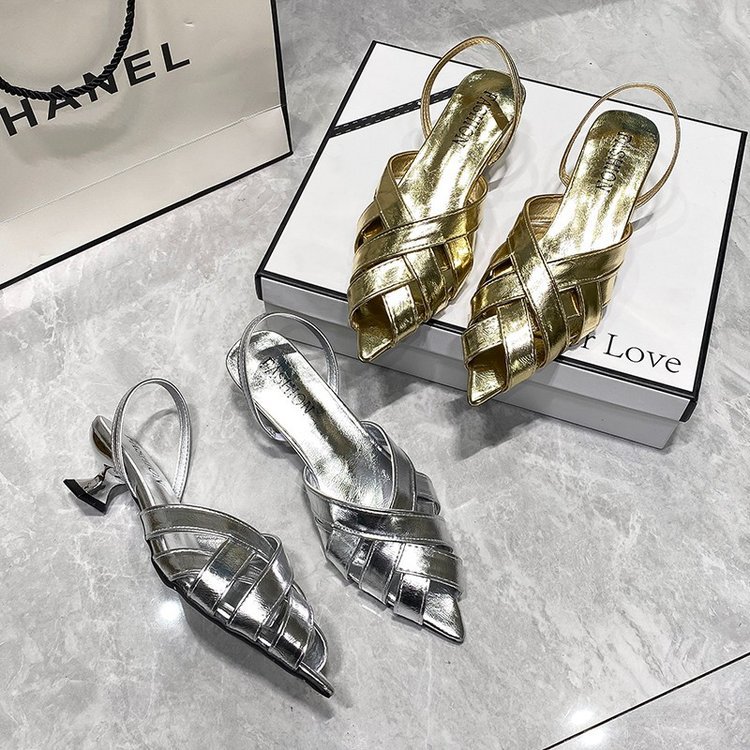 Women Sandals Fashion Woven High Heel Simple Design Trendy Wear Triple Gold Silver Free shipping