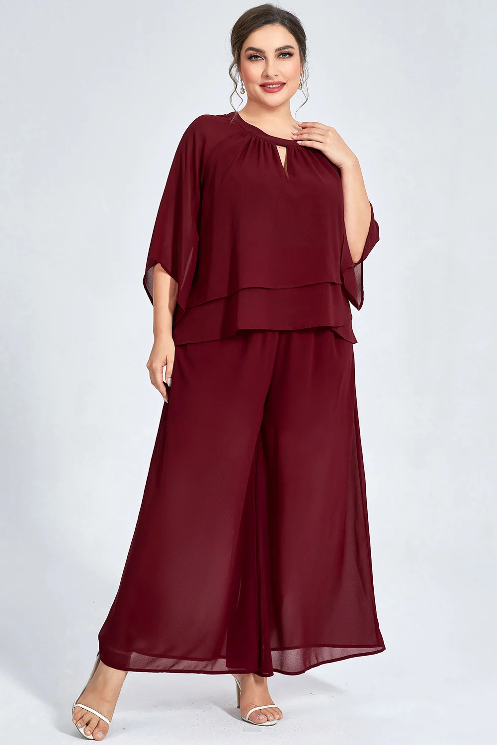 Womens Plus Size Formal Burgundy Chiffon Ruffle Sleeve Cut Out Wide Leg Two Piece Pant Suit Casual Office Lady Matching Sets 250122