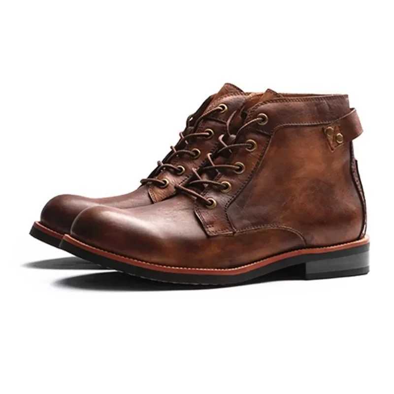 Motorcycle Boots American Casual Leather Shoes Mens UK Style Retro Work Shoes Men Big Head Lace Up Ankle Boot Plus Size Male M250121