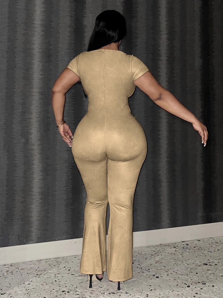 LW Plus Size Flared Jumpsuits for Women Autumn Casual Short Sleeve V Neck Zipper Skinny Trousers Large Size Full Jumpsuit Woman 250113