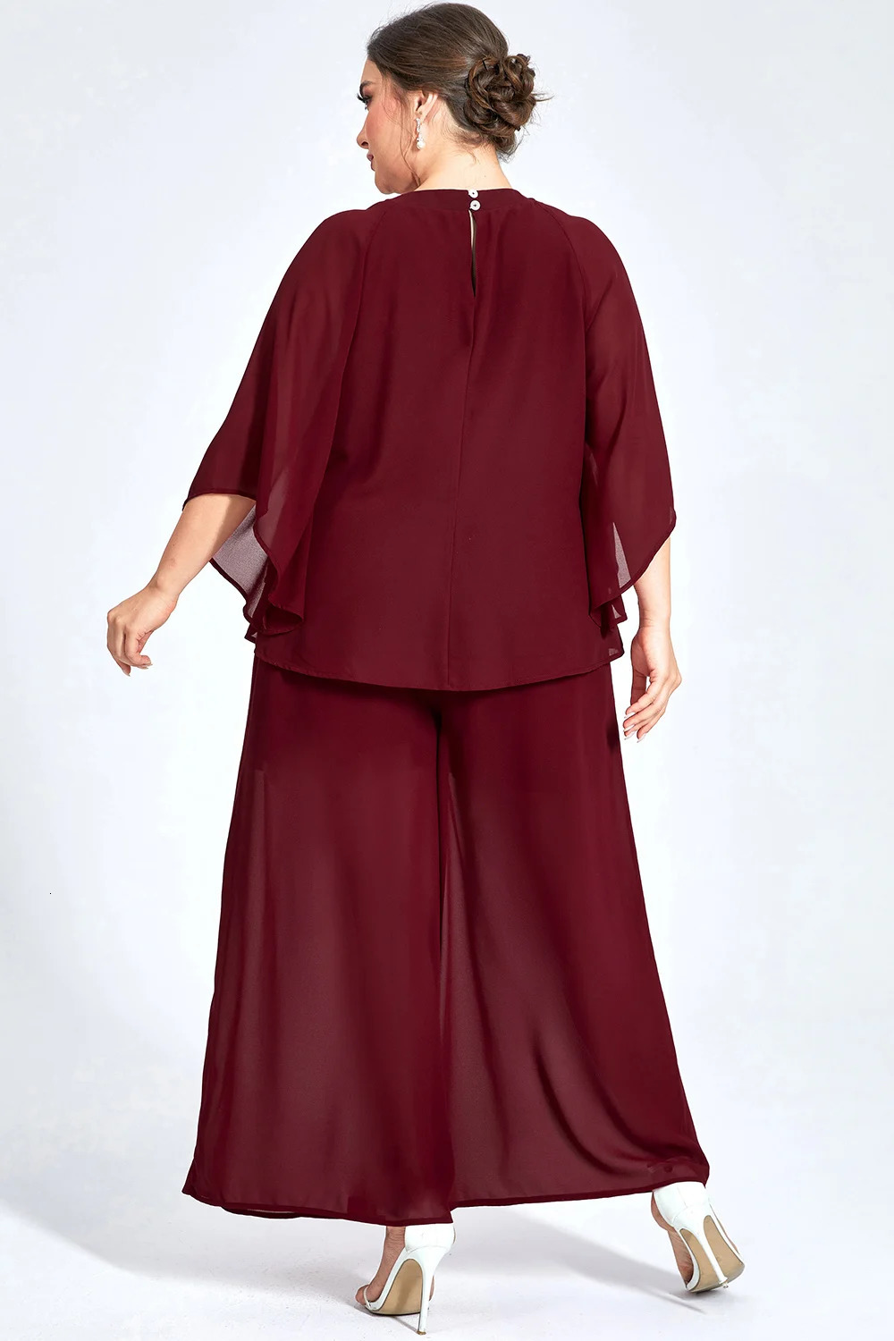 Womens Plus Size Formal Burgundy Chiffon Ruffle Sleeve Cut Out Wide Leg Two Piece Pant Suit Casual Office Lady Matching Sets 250122
