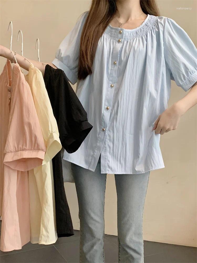 Women's Blouses 2025 Real Spot Plus-size Slightly Fat Pleated Short-sleeved Shirt Summer Single Breasted Loose Slimming Top