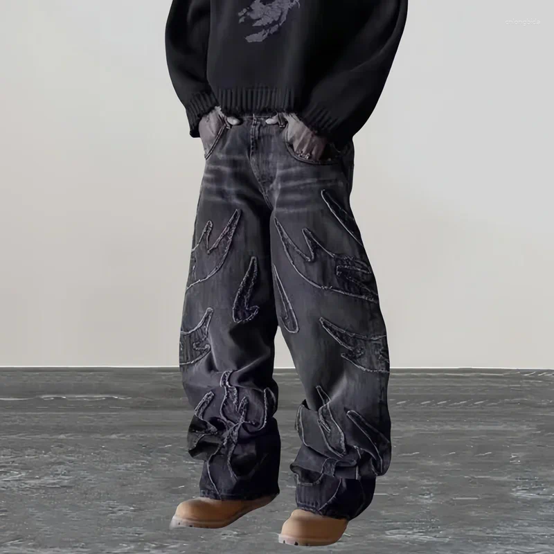 Baggy Men's 3D Embroidery Stacked Jeans, Y2K Streetwear Goth Mens Pants, Haruku Vintage Denim Trousers for Men and Women
