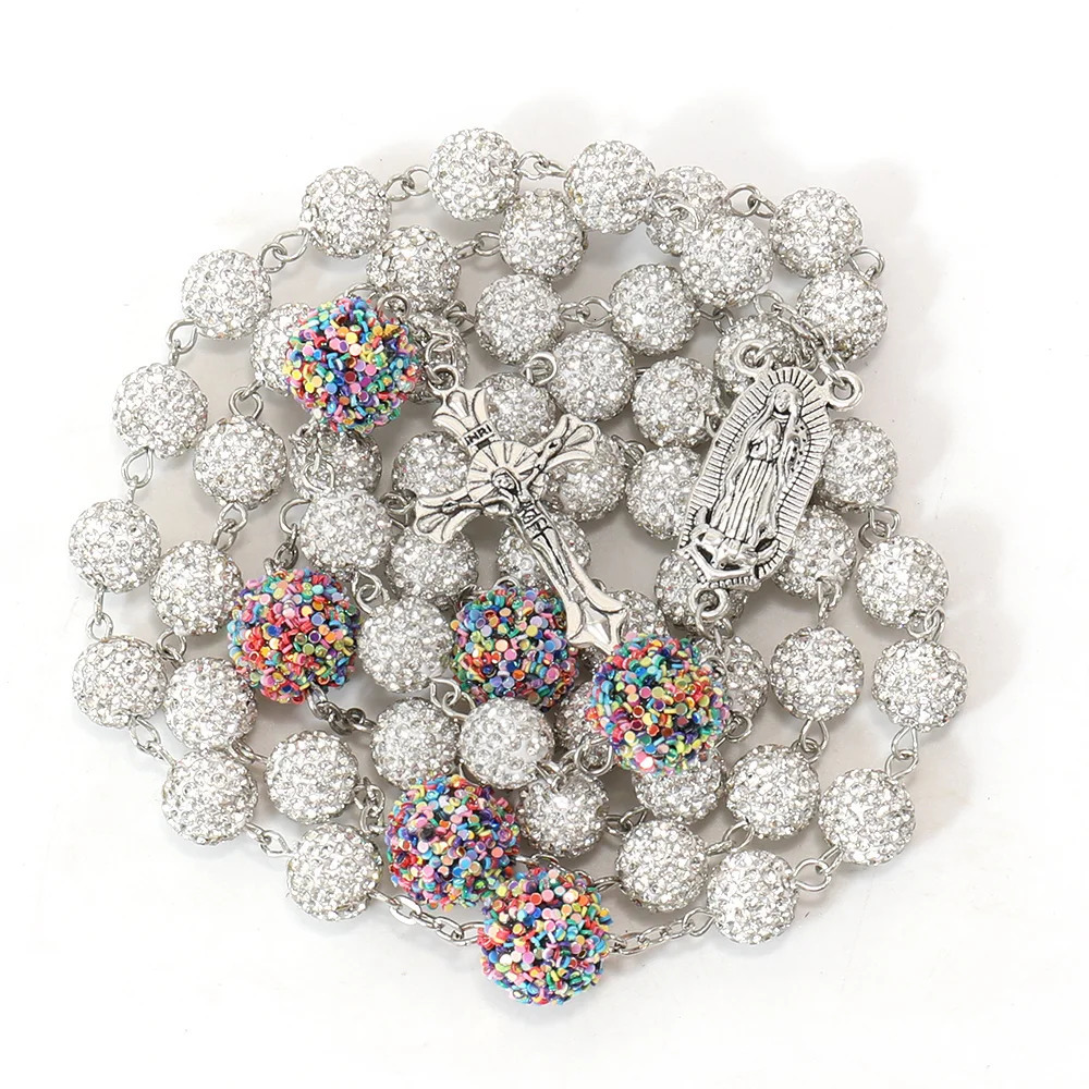 Hip Hop 10mm rhinestone cluster rose necklace disco ball bead pendant Catholic Guadalupe Virgin Prayer Rose 250109