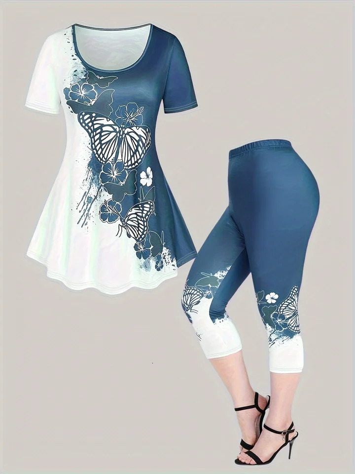 Large casual round neck short sleeved Tshirt printed pants twopiece set 250122