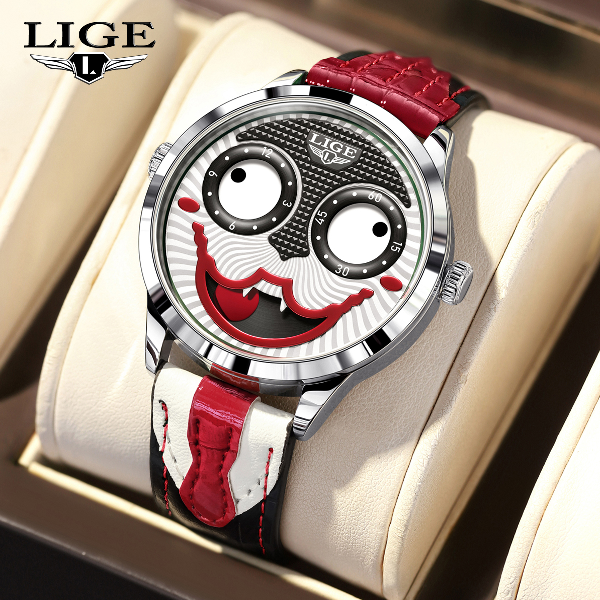 LIGE Personalized Design Quartz Watch Novel, Fashionable, Unique Clown Dial Moon Phase Fashion Watch