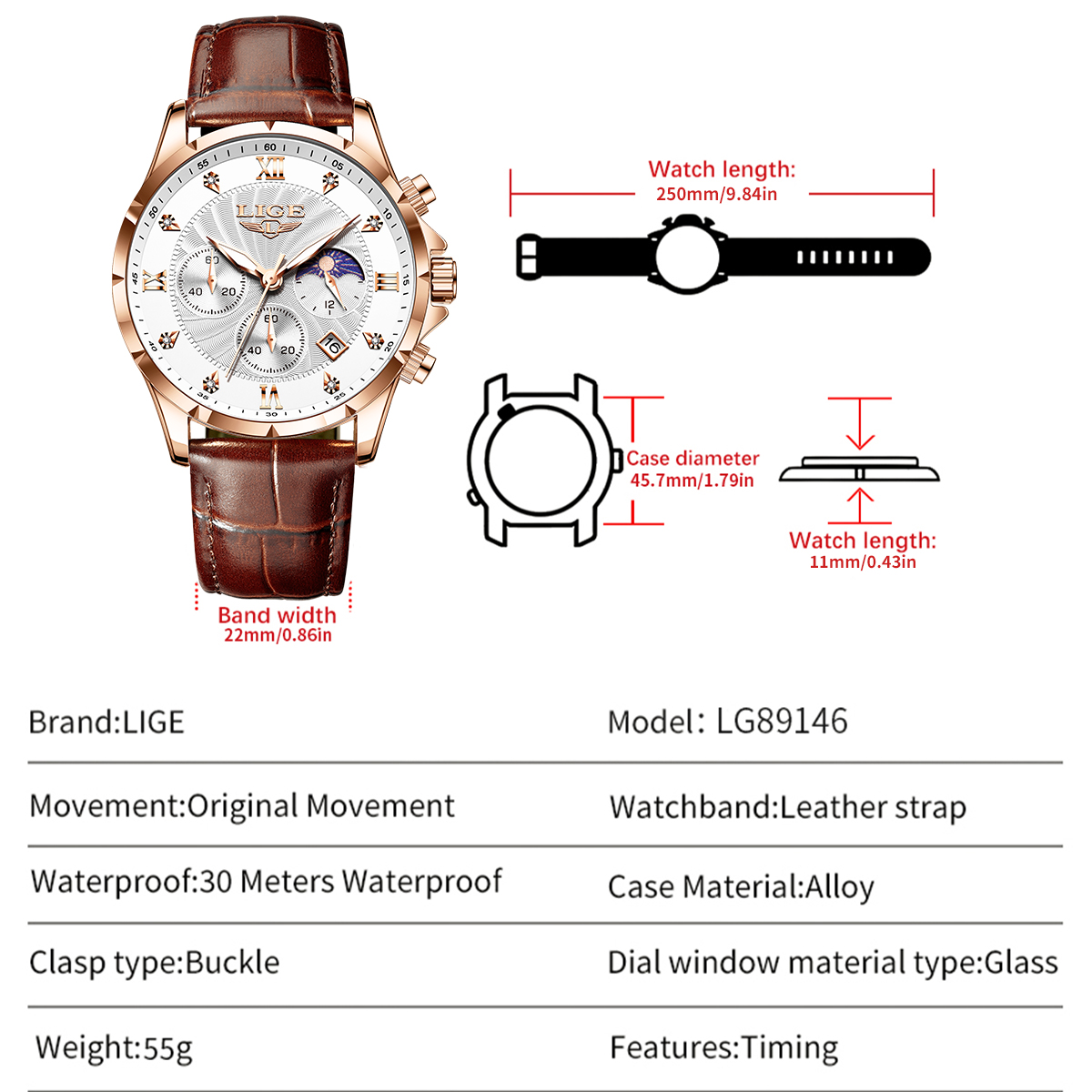 LIGE new business men's waterproof quartz watch multifunctional night light small three needle timing code sports watch