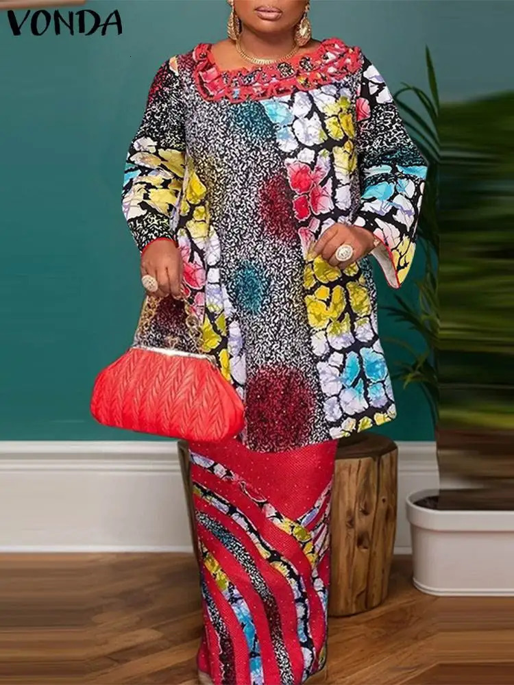 Plus Size 5XL VONDA Women Sets Irregular 34 Flare Sleeve Matching Floral Printed Shirts And A Line Skirts Suits 2Pcs 250122