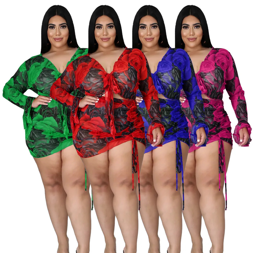 Floral Print Plus Size Matching Set Women Elegant Ruched Skirt Summer Female Casual Mesh Crop Top Large Two Piece Short 250122