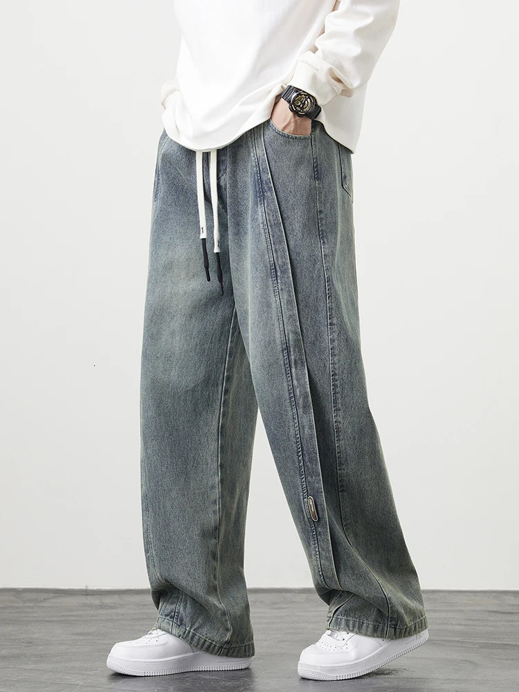 Plus Size Mens Jeans Wide Leg Straight Denim Pants Washed Cotton String Banding Casual Baggy Jean Trousers 6XL 7XL 8XL 250116