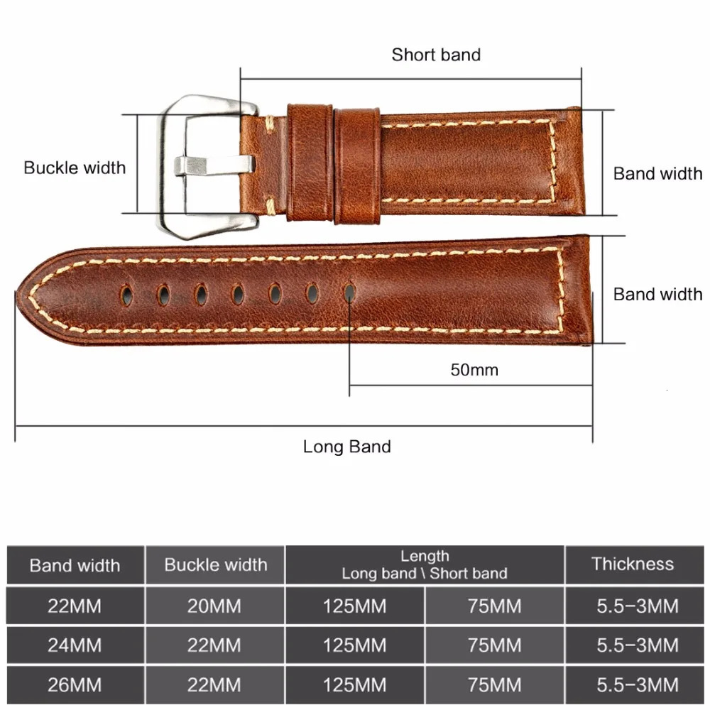 MAIKES High Quality Watchband Brown Vintage Oil Wax Leather Strap Watch Band 20mm 22mm 24mm 26mm Watch Accessories For Panerai 250121