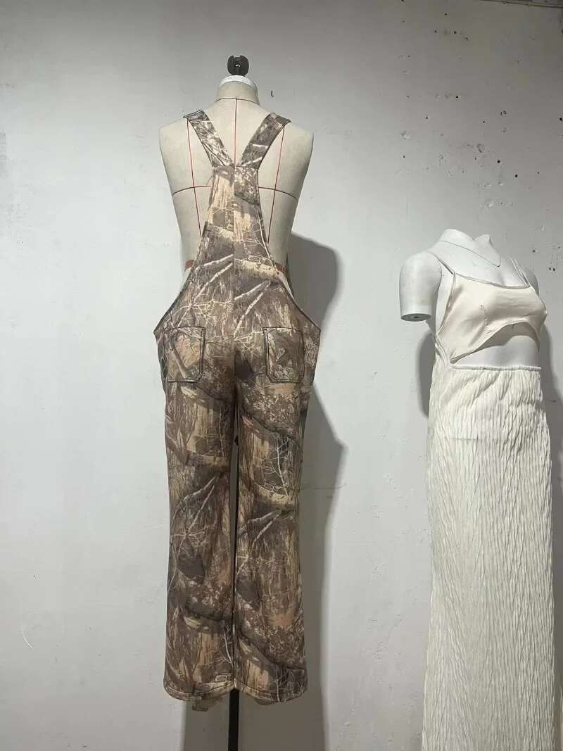 Forest Camouflage Print Cargo Jumpsuit Women Fashion Adjustable Straps Zipper Loose Wide Leg Pants One Piece Overalls Streetwear