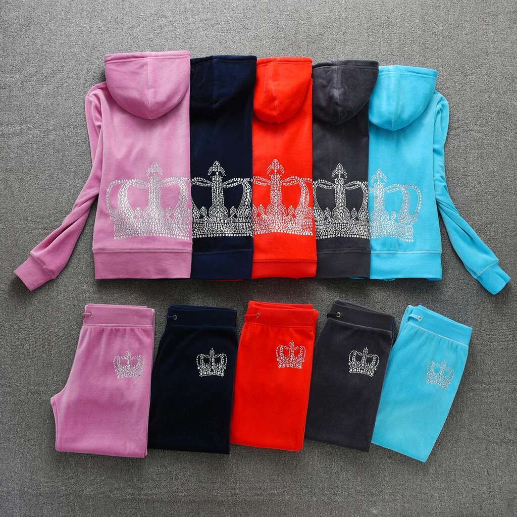 Y2k Veet Tracksuit 2025 Winter Trousers Set Women Solid Color Crown Crystal 3D Trim Hoodiecasual