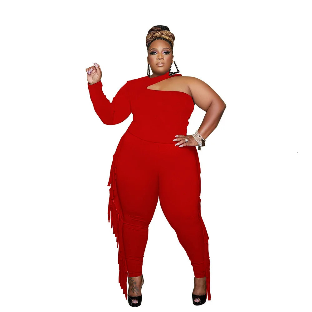 WSFEC L5XL 2023 Fall Plus Size Pant Suits Two Piece Set Clothing Long Sleeve Irrgular Tassel Casual Trend Female Outfits 250122