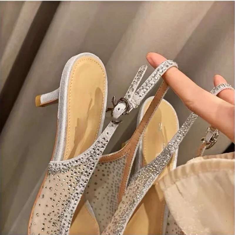 Pointed Toe Mesh Rhies Muller Pumps Female Designer After Empty High-heeled Sandals for Women Wedding Dress Shoes