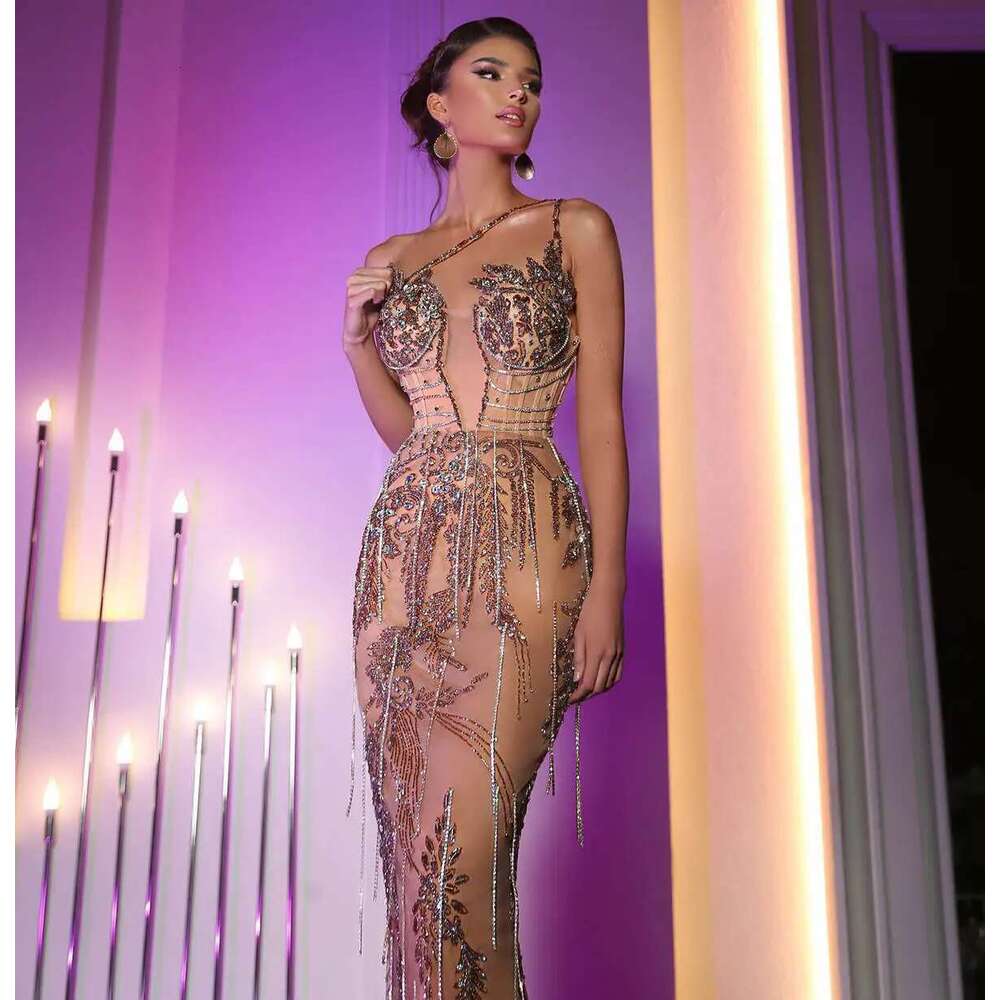 Straight One Shoulder Beads Crystal Lace Sleeveless Evening Ball Gown Party Dress Made to Order