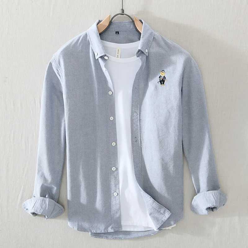 New Arrival 100% Cotton Shirts For Men Cartoon Bear Embroidery Korean Fashion Casual Long Sleeve Shirt Spring Loose Fit Mens Clothing Z250122
