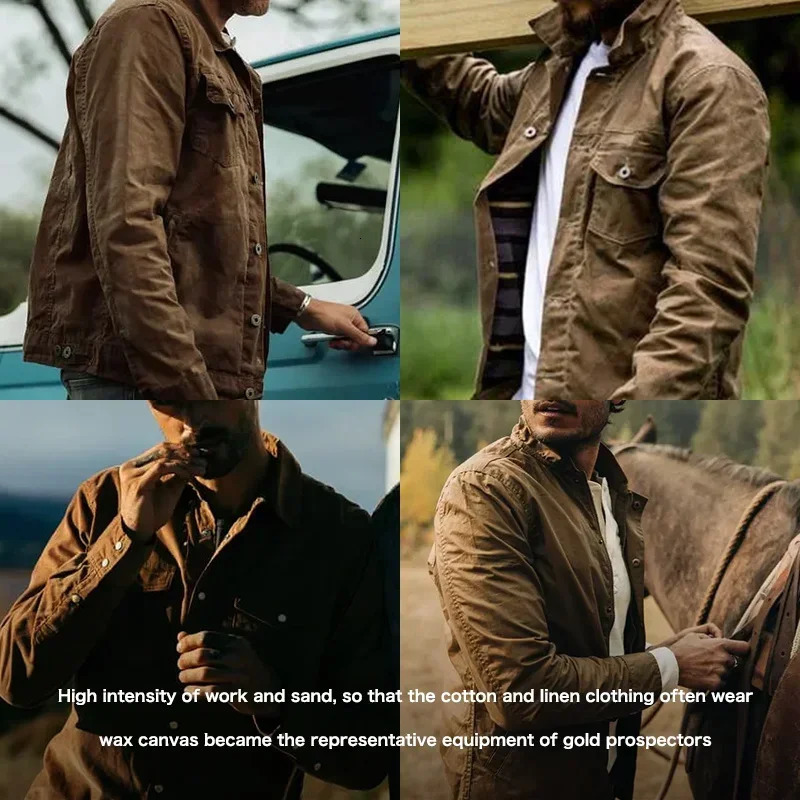 Maden Amekaji Retro Male Oil Waxed Jacket Canvas Cotton Khaki Military Uniform Light Casual Work Safari Style Coats Man Clothing 250122