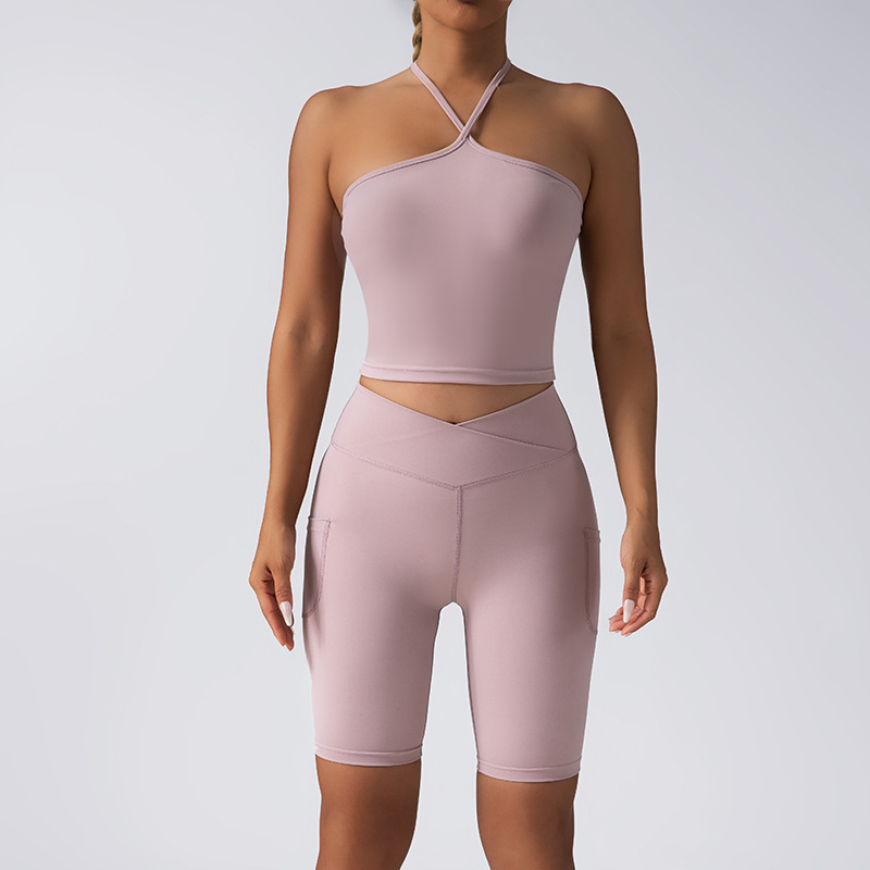High quality women's casual versatile camisole seamless yoga set bra cross waist peach hip shorts trendy fitness sportswear