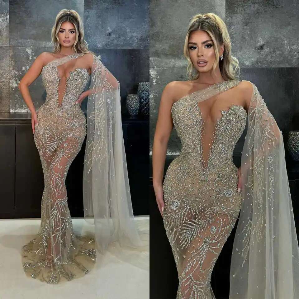 Mermaid Evening Dresses Strapless Beads Strass Sleeveless Train Scan Prom Party Dress Made To Order 6660311
