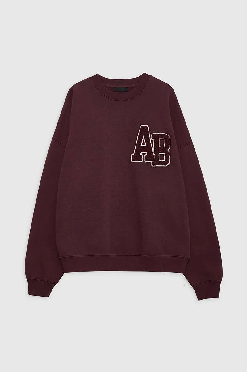 24 Winter New North American Niche AB Hand Cranked Special Embroidery Fleece Wine Red Loose Women's Round Neck Sweatshirt