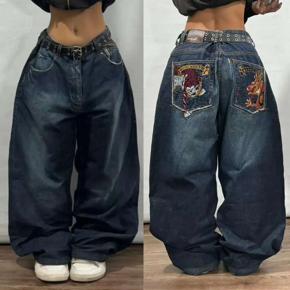 2025 New American Trend Retro Hip-hop Embroidery Pattern Baggy Jeans For Men And Women Y2K Haruku Gothic Wide Pants Streetwear