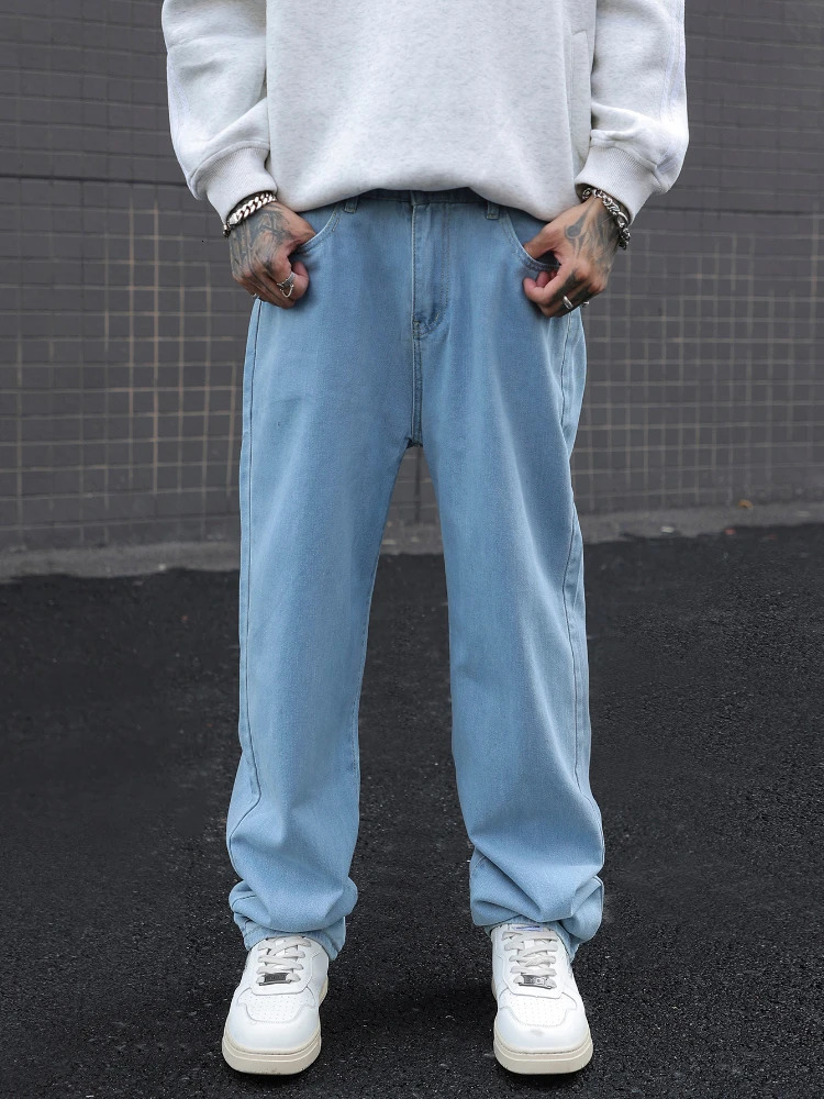 Streetwear Y2K Men Wide Leg Pants Baggy Jeans Straight Cotton Elastic Waist Loose Denim Trousers Korean Fashion Male Clothes 250116