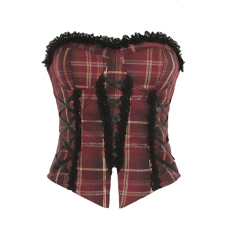 Christmas Red Plaid Lace Trim Women Straps Tops Skinny sweet Festive Atmosphere Blouses Fashion Trendy 250116
