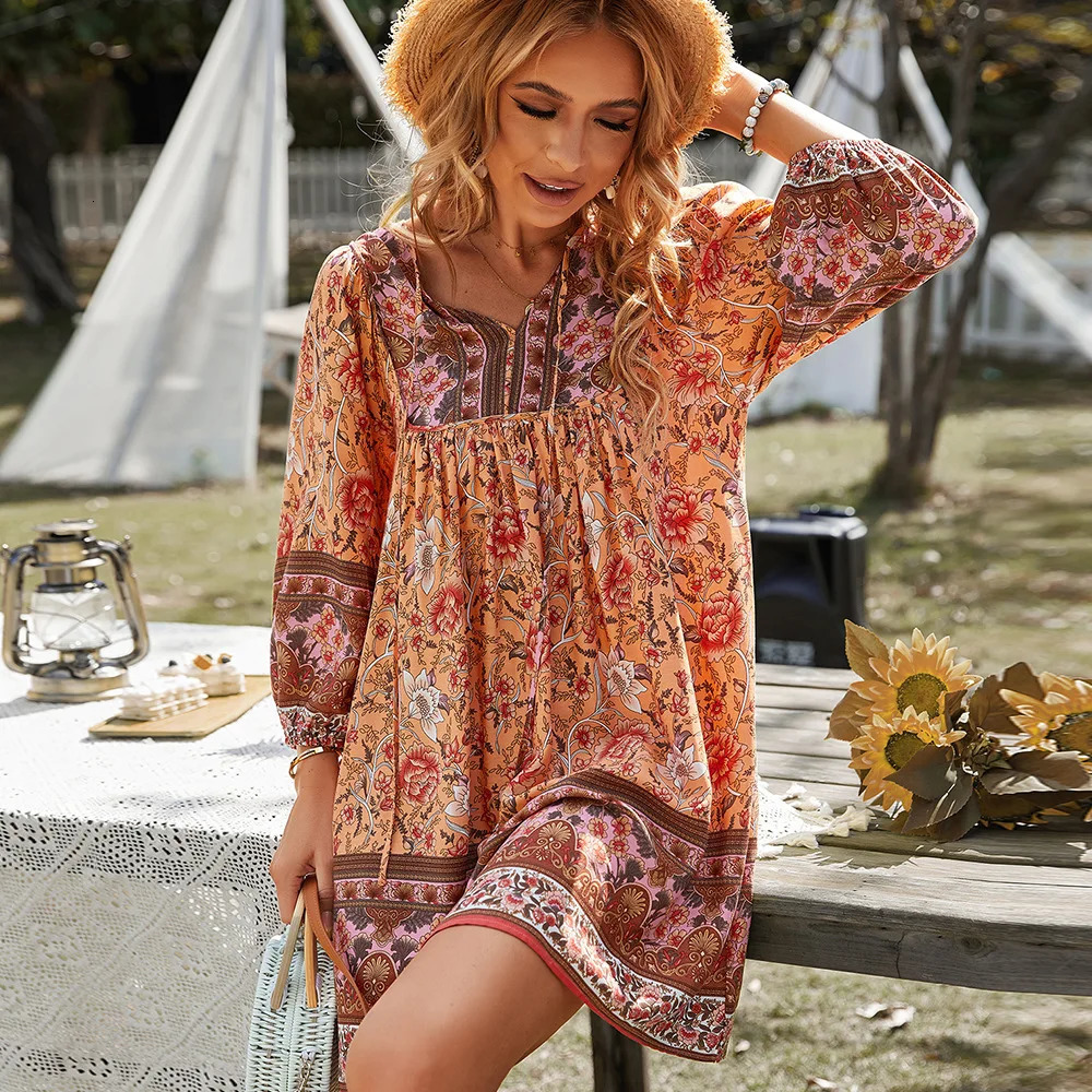Boho Print Women Dress Summer V Neck Boho Vintage Floral Dress Holiday Vacation Sundress Beach Dress Y2k Club Streetwear 250121