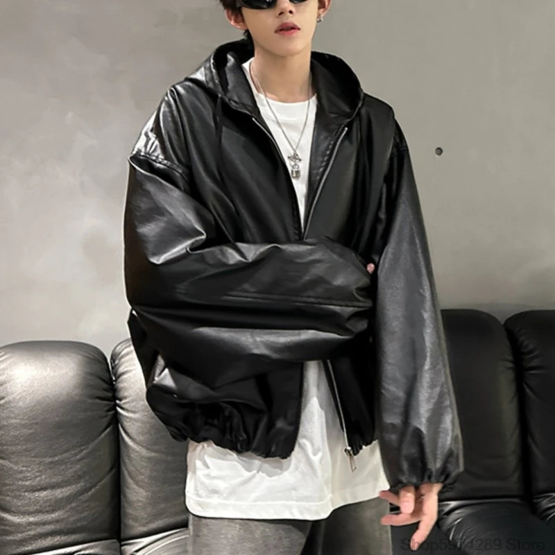 Oversized Vintage Loose Pu Leather Puff Sleeves Short Jacket Men Women Streetwear Male Zipper Retro Moto Biker Coat Outwear 250110Z