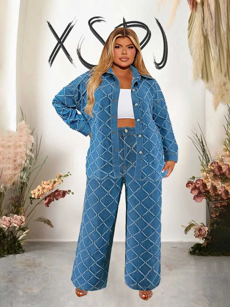 Cowboy 2piece womens jeans and jacket winter casual set long sleeved denim plain pants plus size clothing 250122