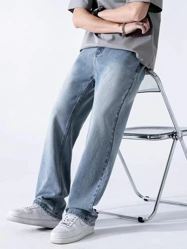 Spring Summer Mens Jeans Straight Denim Pants Elastic Waist Cotton Streetwear Male Wide Baggy Casual Blue Trousers 250116