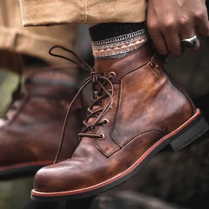 Motorcycle Boots American Casual Leather Shoes Mens UK Style Retro Work Shoes Men Big Head Lace Up Ankle Boot Plus Size Male M250121