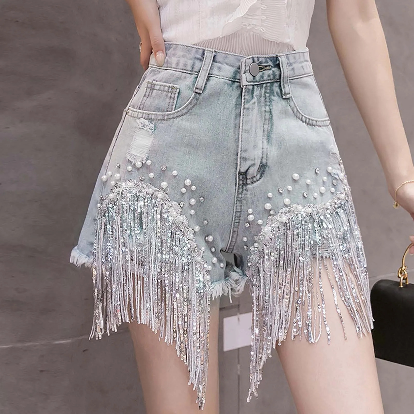 Women Summer Denim Shorts Y2k Clothes Diamond Studded Rhinestones Tassels Jean Shorts Korean Fashion pants Streetwear 250122