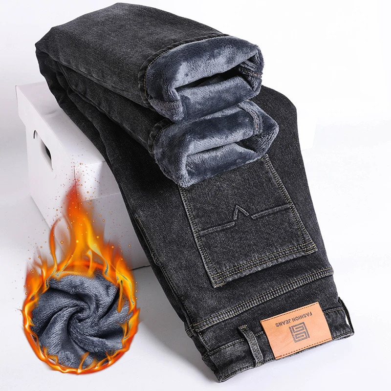 Winter Mens Warm Jeans Thicken Fleece Slim Straight Soft Elastic Business Casual Denim Pants Male Trousers Blue Gray 250116