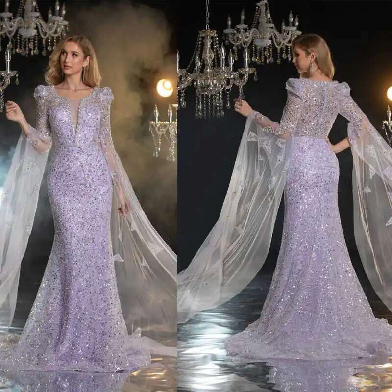 New Design Mermaid Evening Dresses O-Neck Laces Sequins Long Sleeve Prom Custom Party Dress 6660311
