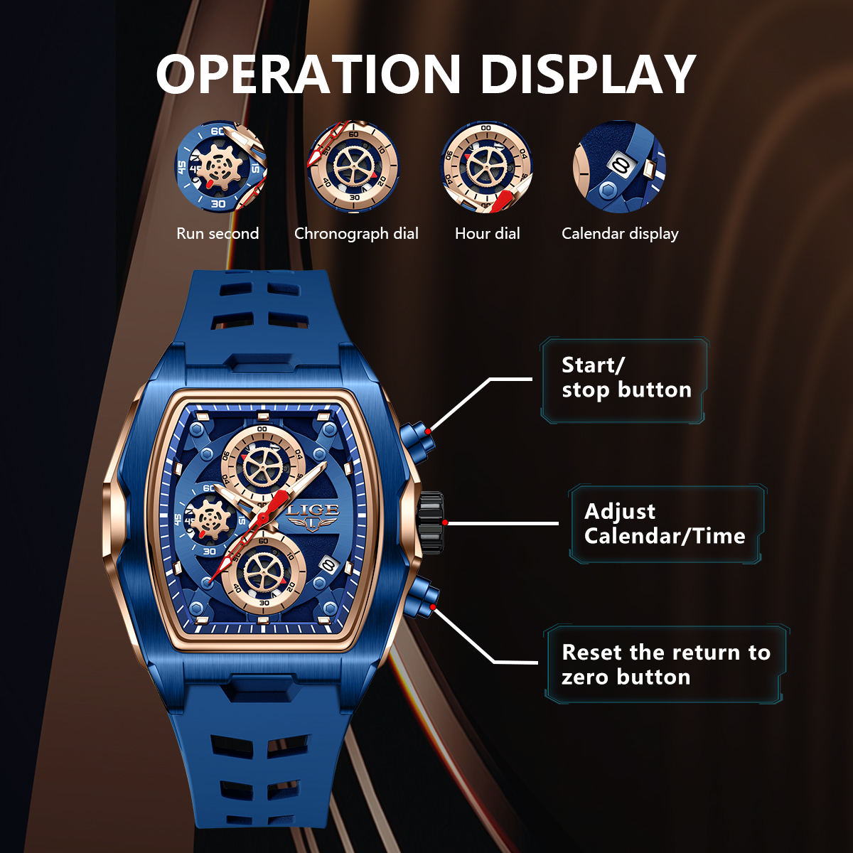 LIGE sports style wine barrel men's watch curved mirror hollowed out men's watch multifunctional luminous calendar waterproof watch