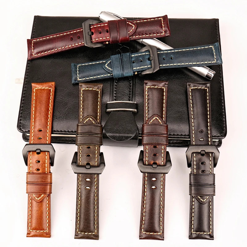 MAIKES High Quality Watchband Brown Vintage Oil Wax Leather Strap Watch Band 20mm 22mm 24mm 26mm Watch Accessories For Panerai 250121