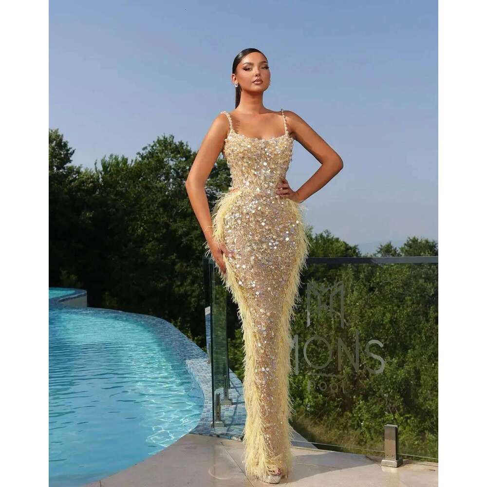 Mermaid Evening Dresses Strapless Feathers Pearls Sequins Sleeveless Custom Ball Party Dress