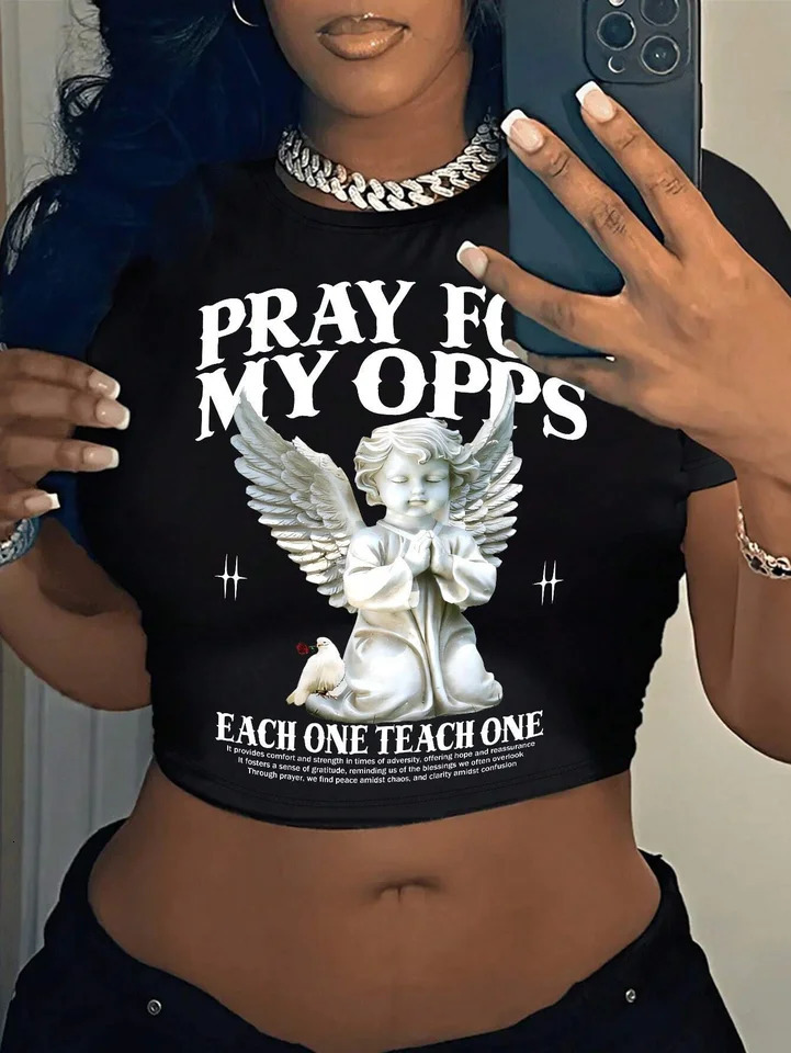 Womens T-Shirt Crop Tops Summer Short Sleeve Casual T-Shirt With Angel Print And Slogan Round Neck Slim Fit Female Y2k Clothing 250121
