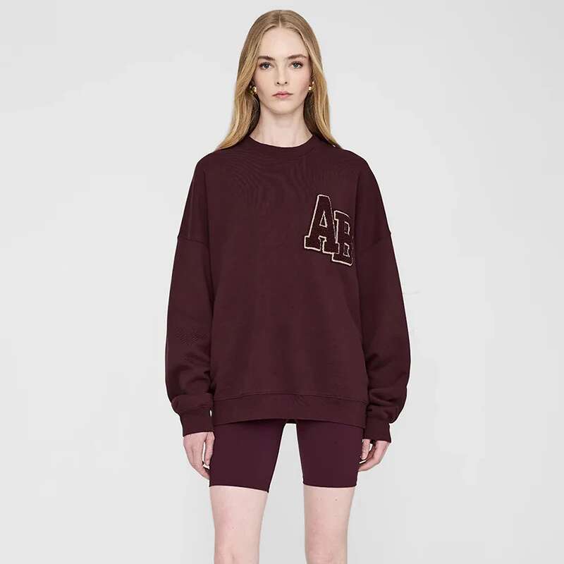 24 Winter New North American Niche AB Hand Cranked Special Embroidery Fleece Wine Red Loose Women's Round Neck Sweatshirt