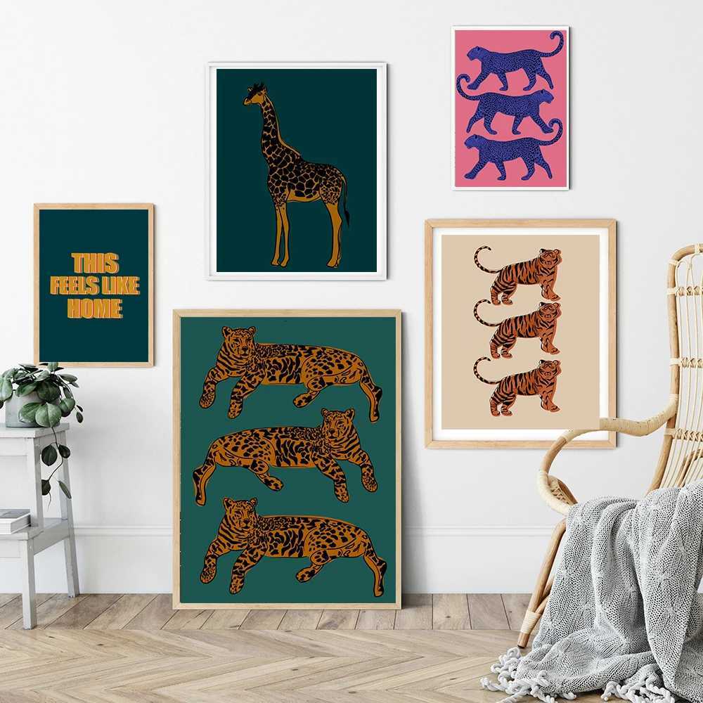 Tiger Cartoon Animal Canvas Posters Pink Blue Yellow Wild Leopard Painting Wall Art Print Pictures For Kid Room Home DecorC250122